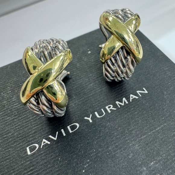 David Yurman X Motif Cable Hoop Earrings - 14K Yellow Gold & Sterling Silver - Picture 1 of 10